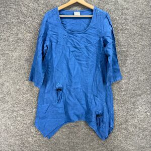 Click Tunic Top Women L Large Blue 3/4 Sleeve Pockets Linen Pullover Casual